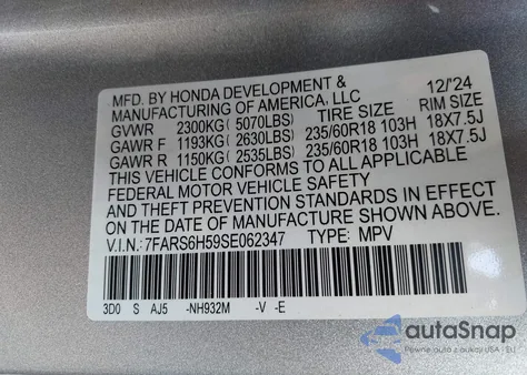 2025 Honda Cr-V Hybrid Sport from USA, damaged, VIN 7FARS6H59SE062347